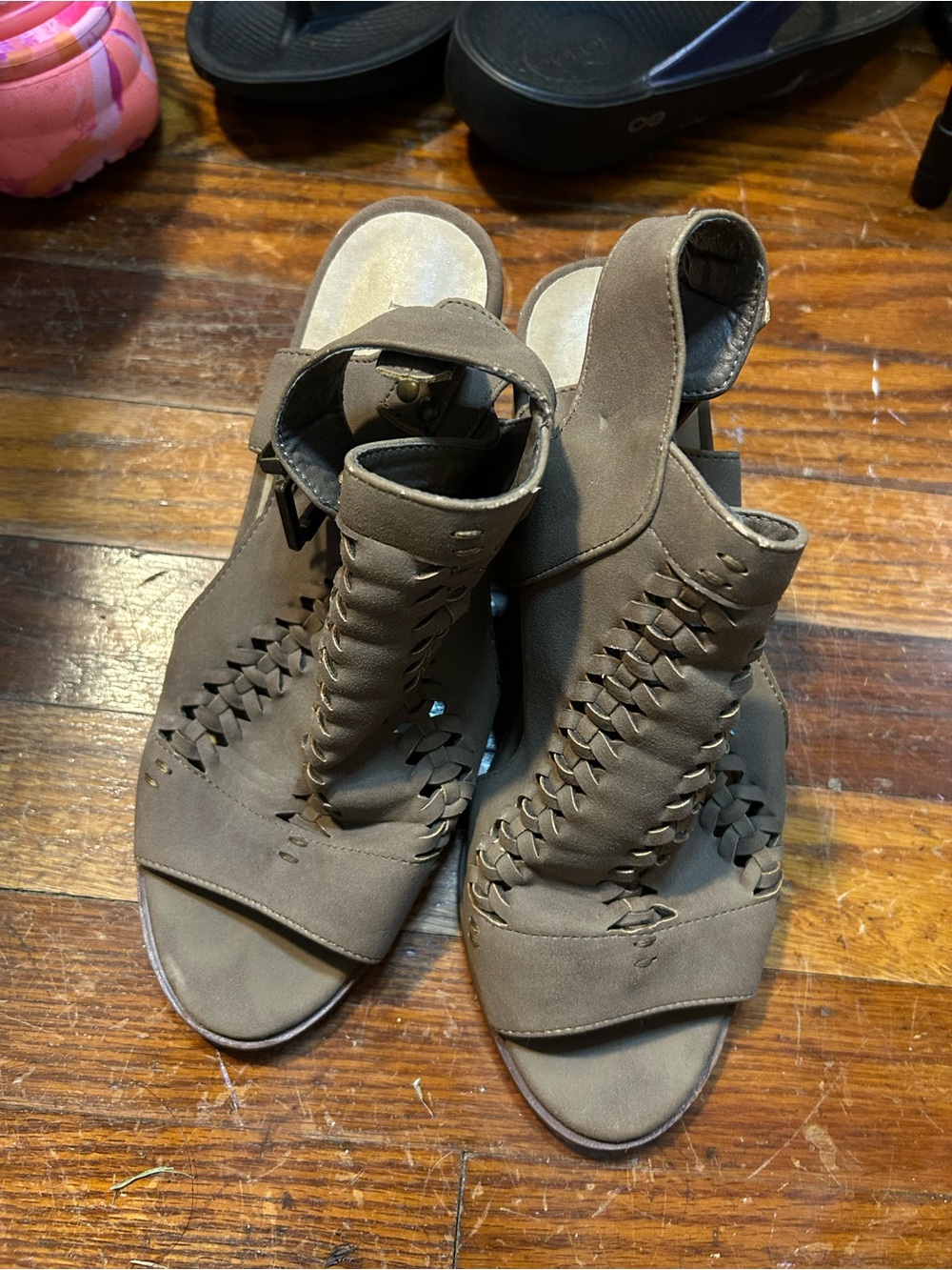 Pierre Dumas Taupe Woven Open-Toe Ankle Booties